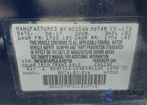 2018 Nissan Versa 1.6 Sv z USA, uszkodzony, nr VIN 3N1CN7AP5JL810718